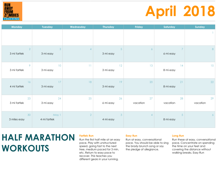 Example of custom running plan - half marathon: monthly calendar with workouts