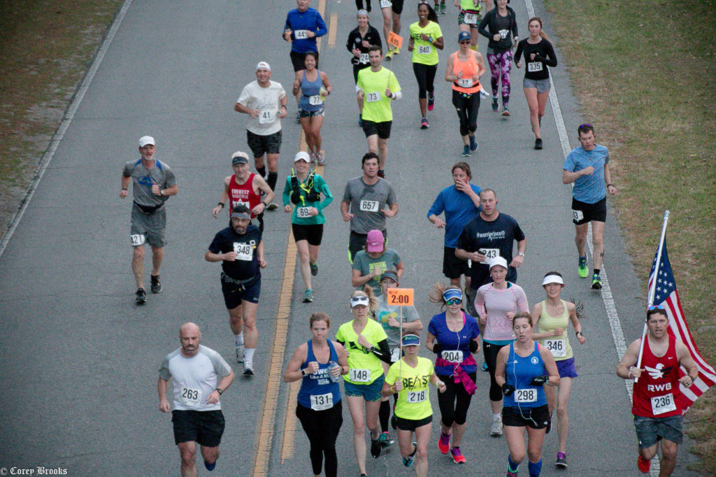 Photo from drone above race - runners in the 2 hour half marathon and 4:15 marathon pace groups