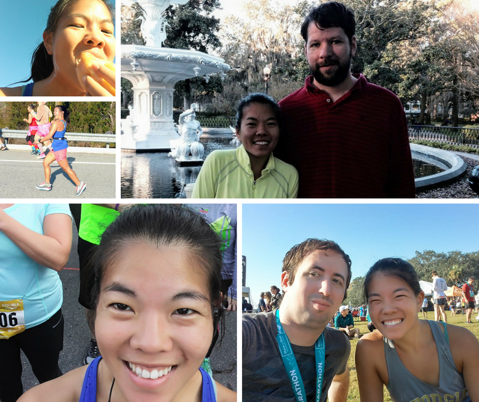 Global Running Day 2018: Five photos: Eating a donut, laughing, me and my brother, me and my husband, running and waving