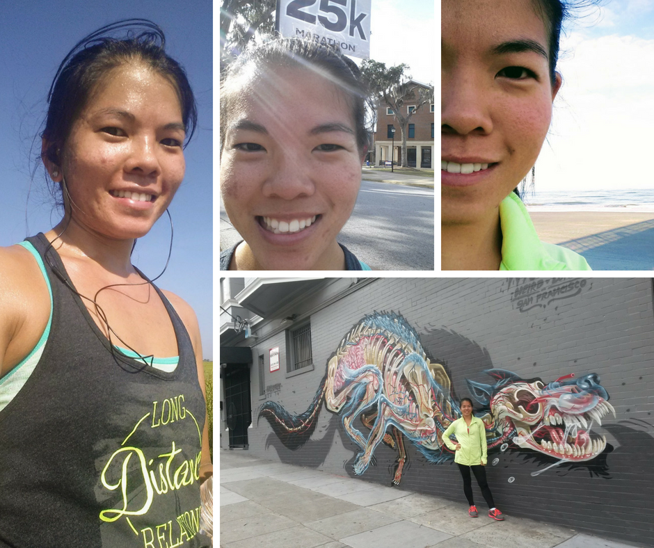 Global Running Day 2018: Four photos of Rebekah running in different places and distances.