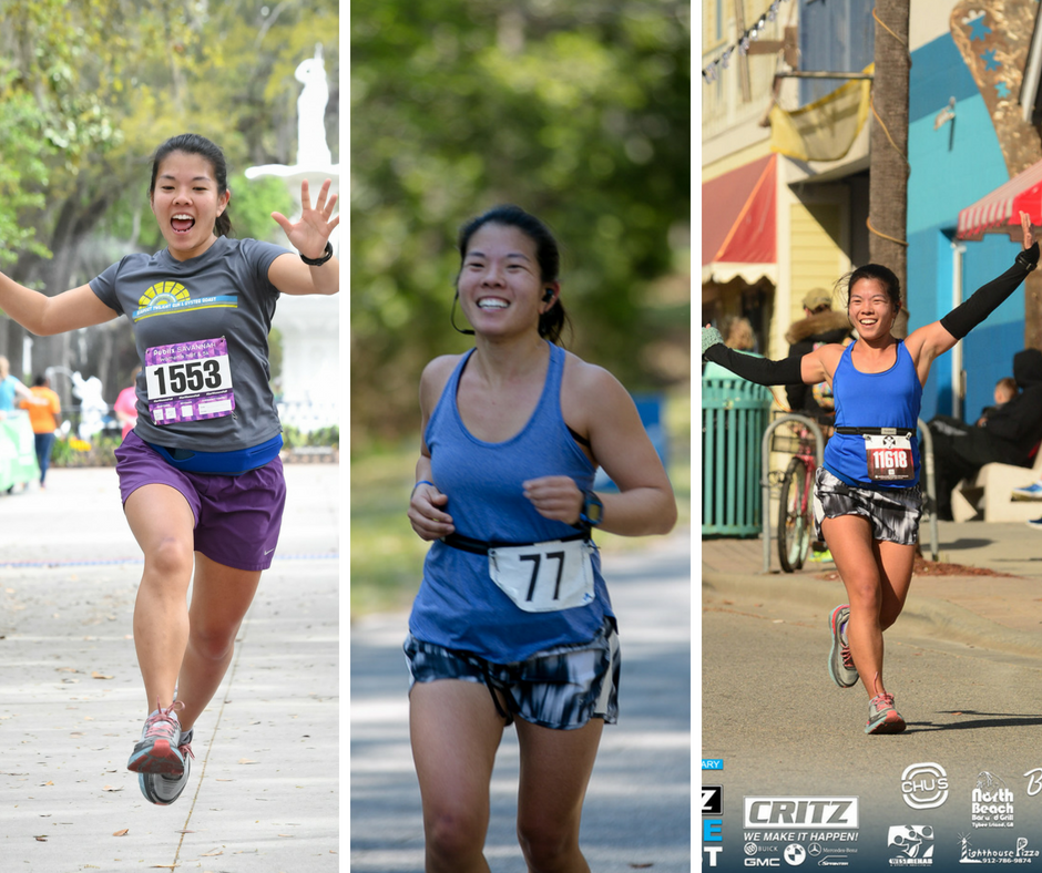Global Running Day 2018 : Three race photos, two jumping with arms wide, one smiling and running